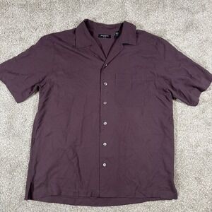 BRANDINI Pure Silk Size L Burgandy Textured Button Down Short Sleeve Shirt Men's